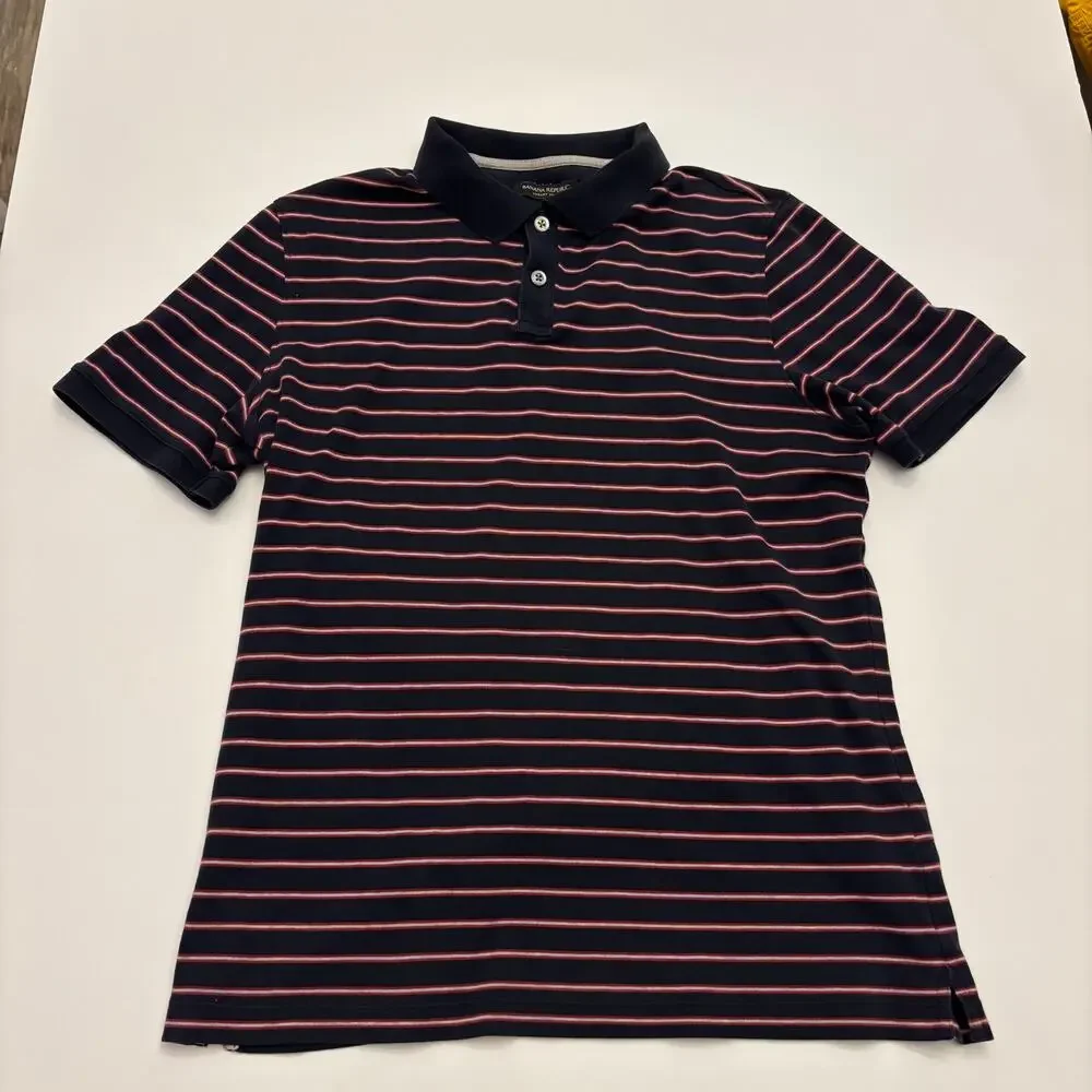 Banana Republic Luxury Touch Polo Men's L Navy Red Stripe Standard Fit